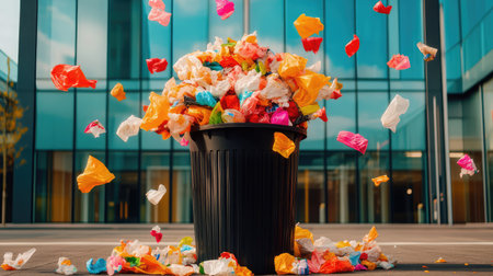 This vibrant image showcases a black trash can overflowing with colorful plastic waste in a modern urban setting, highlighting environmental challenges.の素材