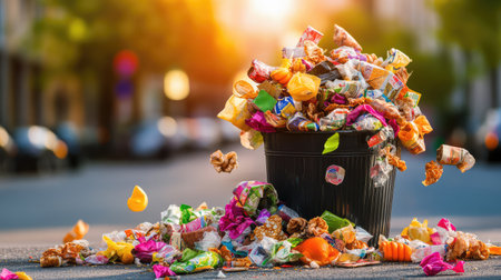A colorful and overflowing trash bin sits on an urban street, surrounded by scattered litter and refuse as the sun sets, highlighting waste management issues.の素材