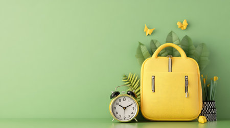 An artistic arrangement featuring a bright yellow backpack, a classic alarm clock, and lush tropical leaves on a vibrant green background, perfect for interior styling.の素材