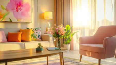 This image showcases a cozy living room featuring soft textiles, bright floral arrangements, and warm sunlight streaming through large windows, creating a serene ambiance.の素材