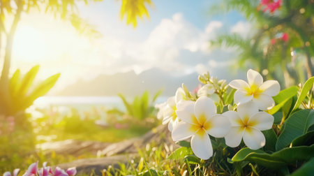 A picturesque tropical landscape featuring delicate white plumeria flowers illuminated by warm sunlight, creating a serene and inviting atmosphere.の素材