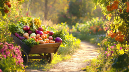 A vibrant scene showcasing a wooden cart brimming with freshly harvested vegetables, set amidst a beautiful garden filled with colorful flowers and greenery.の素材