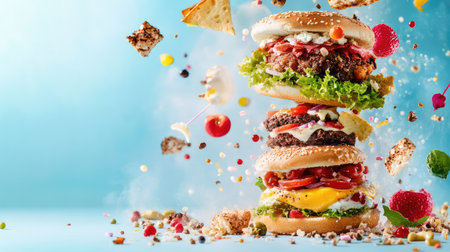 A vibrant and colorful tower of delicious hamburgers stacked high, surrounded by flying toppings and ingredients, set against a bright blue background.の素材