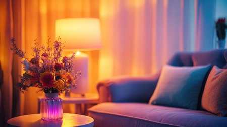 A beautifully arranged cozy living room scene featuring soft lighting and a colorful floral arrangement, creating a warm and inviting atmosphere for relaxation.の素材