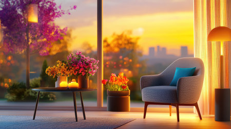 A serene living room infused with warm sunset light casts a cozy glow, featuring vibrant flowers and modern furniture that evoke comfort and relaxation.の素材