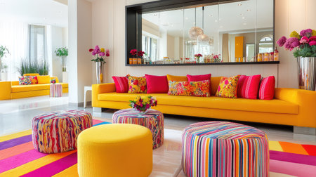 This modern living room showcases a vibrant color palette with stylish furniture and lively decor, creating a welcoming and cheerful atmosphere.の素材