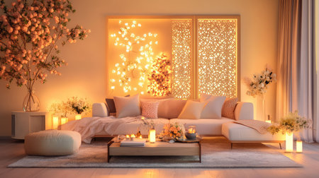 This image showcases a beautifully arranged living room featuring soft textiles and warm lighting that create a cozy ambiance. Decorative plants and floral accents enhance the inviting atmosphere, perfect for relaxation.の素材
