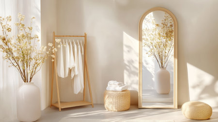 Bright and serene minimalist interior showcasing a clothing rack, elegant mirror, and decorative flowers, creating a cozy atmosphere filled with natural light.の素材