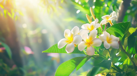 A captivating scene features delicate white flowers nestled among lush green foliage, bathed in warm sunlight, evoking a serene and tranquil atmosphere.の素材