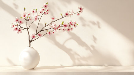 A serene display featuring a delicate cherry blossom branch placed elegantly in a minimalist white vase, casting soft shadows against a light background.の素材