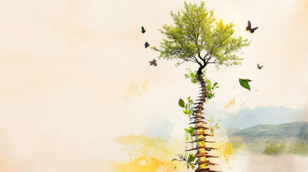 This stunning illustration captures the essence of nature's growth, featuring a tree emerging from a spiral path, surrounded by butterflies and vibrant leaves.の素材