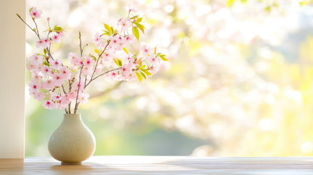 A serene arrangement of delicate pink blossoms in a simple vase, set against a soft-focused background of cherry tree blossoms, captures the essence of spring.の素材