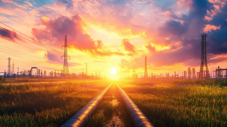 A stunning sunset illuminates an industrial landscape featuring power lines and pipes amidst lush green grass and dramatic clouds, creating a contrast between nature and industry.の素材