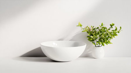 A visually appealing arrangement featuring a sleek white bowl and a small green plant set against a light background, ideal for minimalistic and modern decor themes.の素材