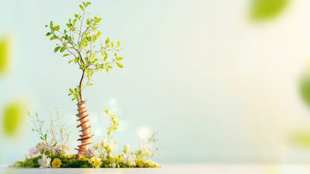 A beautifully twisted plant stands gracefully amongst delicate flowers on a soft pastel background, capturing the essence of nature's elegance and tranquility.の素材