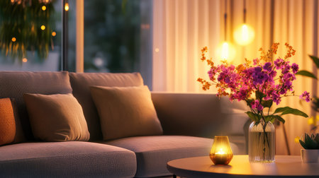 This image showcases a cozy living room featuring soft lighting, a floral bouquet, and inviting decor elements, creating a serene and warm atmosphere.の素材