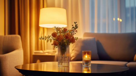 A beautifully arranged living room scene showcasing a stunning flower vase and a glowing candle, creating a warm and inviting atmosphere perfect for relaxation.の素材