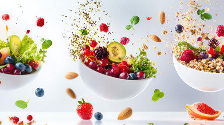 A stunning visual of fresh salad ingredients in mid-air, featuring vibrant fruits, nuts, and greens, perfect for health-focused culinary projects.の素材