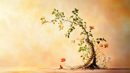 This imaginative artwork showcases a unique tree with spiraling roots and vibrant flowers, symbolizing growth and beauty in nature. The soft background enhances its serene atmosphere.の素材