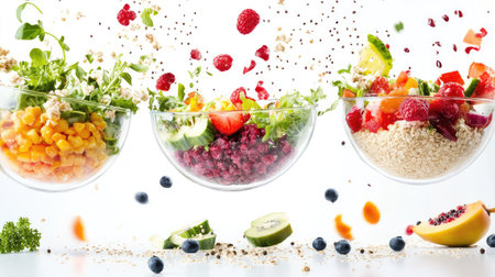 This vibrant image showcases an array of colorful fresh salads in clear bowls, featuring various fruits and vegetables, with ingredients artistically suspended in the air.の素材