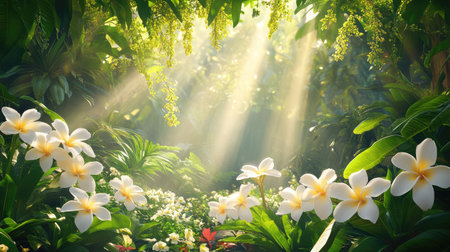 A breathtaking view of a tropical forest with radiant sunlight filtering through dense vegetation, illuminating beautiful white flowers among rich greenery.の素材