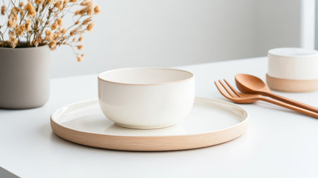 A beautiful minimalist table setting featuring a simple bowl on a wooden tray, complemented by natural decor and dining utensils, creating an elegant atmosphere.の素材