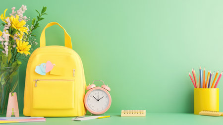 A vibrant workspace scene featuring a bright yellow backpack, fresh flowers, a pink clock, and colorful stationery on a soft green background, ideal for creative inspiration.の素材