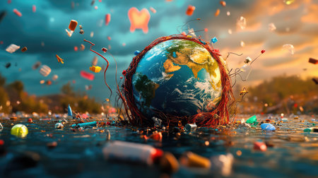 This striking image showcases Earth entangled in plastic waste, emphasizing environmental challenges. The dramatic sky symbolizes urgency in addressing pollution.の素材