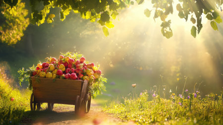 A serene garden scene featuring a wooden cart overflowing with vibrant fruits, illuminated by gentle sunlight filtering through lush leaves.の素材