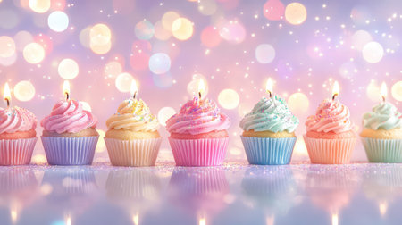 A vibrant display of colorful cupcakes topped with swirls of frosting and lit candles, set against a dreamy, sparkling background, perfect for celebrations.の素材