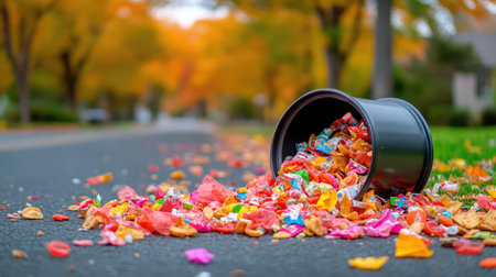 A vibrant scene showcasing colorful candy wrappers spilled from an overturned trash can on a quiet street, framed by beautiful autumn foliage.の素材