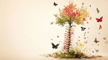 This artistic representation combines a tree with a spine and butterflies in warm autumn colors, symbolizing growth and transformation in nature.の素材