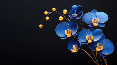 This striking image features elegant blue orchids adorned with golden accents, set against a dark background, perfect for decor and nature inspiration.の素材