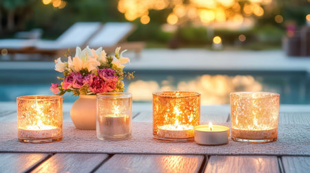 A picturesque outdoor scene featuring sparkling candles and a colorful flower arrangement on a stylish table, perfect for evening relaxation by the pool at sunset.の素材