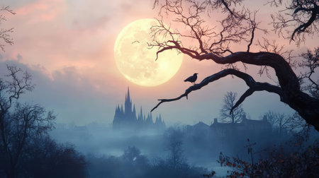A captivating landscape featuring a full moon illuminating a mystical scene. A silhouetted tree stands proudly, with gothic architecture in the background, creating a serene and atmospheric twilight setting.の素材