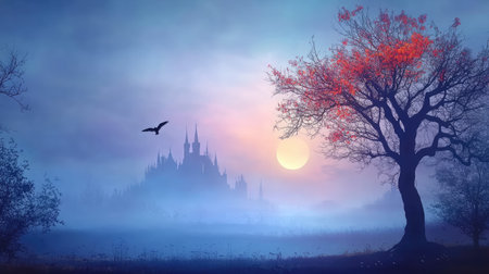 A captivating twilight scene showcasing a majestic castle silhouette behind a misty landscape. An autumn tree adds vibrant color, while a bat soars in the dreamy sky.の素材