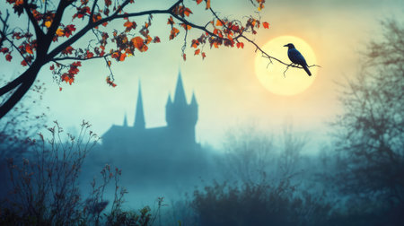 A haunting scene featuring a gothic castle silhouetted against a glowing moon, accompanied by a solitary raven perched on a branch with autumn leaves.の素材