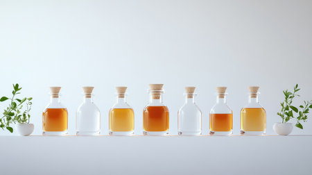 A collection of glass bottles filled with various natural oils and herbal essences, elegantly arranged on a simple background for a serene aesthetic.の素材