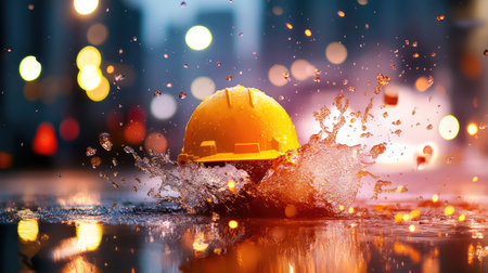 A vivid image of a bright yellow construction helmet creating a splash in a puddle on an urban street, illuminated by soft bokeh lights.の素材