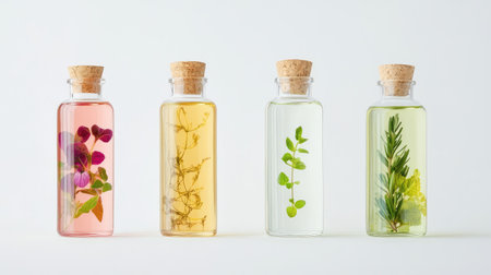 This image showcases four decorative glass bottles filled with infused liquids and herbs, adding a touch of nature and creativity to any space or culinary setting.の素材