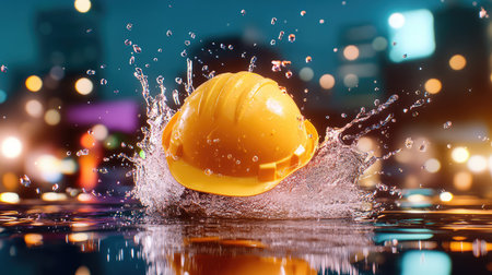 A vibrant image of a yellow hard hat creating a splash in water, illuminated by colorful lights in the background, showcasing a lively urban construction theme.の素材
