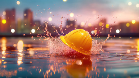 A vibrant image of a yellow hard hat splashing into water, set against a stunning urban sunset backdrop, highlighting themes of construction and safety.の素材
