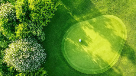 A stunning aerial view showcasing a golf green framed by lush trees and vibrant grass, illuminated by bright sunlight, creating a serene outdoor atmosphere.の素材