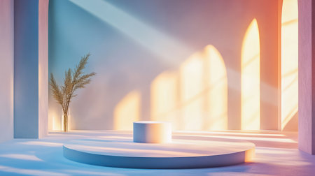 A serene minimalist interior featuring a circular podium, soft natural light, and elegant shadows, perfect for showcasing art or products in a tranquil environment.の素材