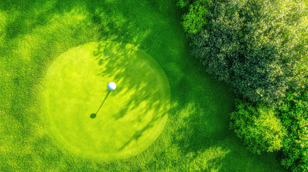 Aerial perspective of a golf course showcasing a white golf ball on the putting green surrounded by vibrant green grass and shaded trees.の素材