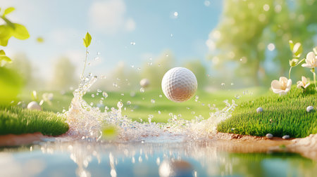 A dynamic scene featuring a golf ball soaring over splashes of water, set against a vibrant green course, bright sky, and blooming flowers, capturing the essence of leisure and sport.の素材