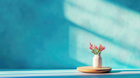 A serene minimalist still life featuring a white vase with colorful flowers set on a wooden plate against a soft blue wall, illuminated by gentle light.の素材