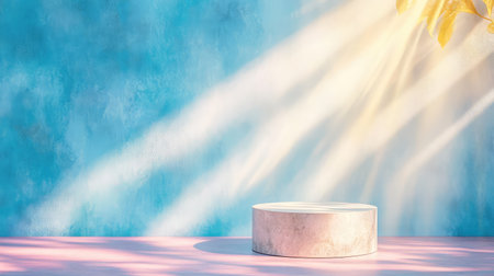 A serene still life composition featuring a smooth circular platform under gentle light rays, creating a harmonious and inviting atmosphere with vibrant colors.の素材