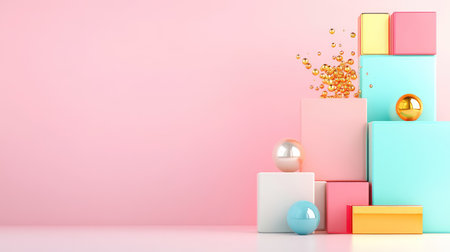 A visually captivating arrangement of colorful geometric shapes and metallic spheres set against a soft pink background. Ideal for modern design projects.の素材