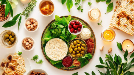 A beautifully arranged assortment of fresh Mediterranean dishes featuring olives, cheese, herbs, and elegant candles, perfect for gatherings and cozy meals.の素材